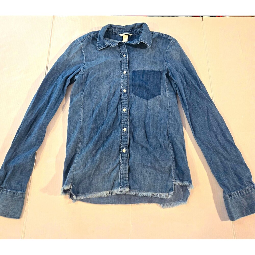 H&M Unisex Adults S Blue Denim Long Sleeve Point Collar Button-Up Shirt Pocket